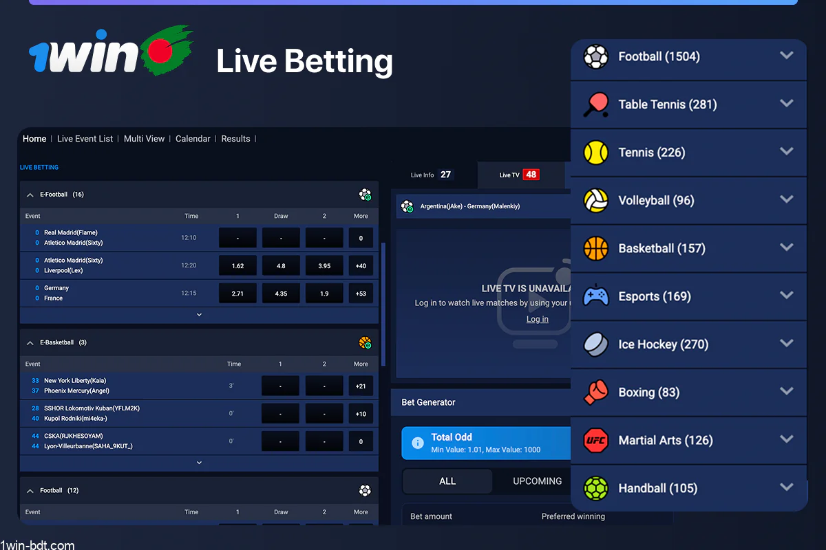 1win live betting on sports like cricket and football for Bangladeshi players
