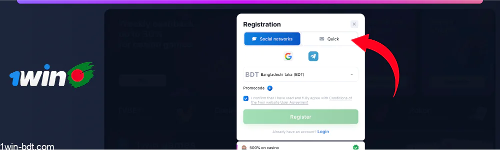 User picks quick registration option