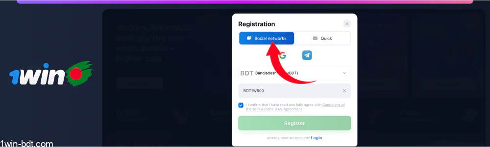 User clicks Registration, selects Social Networks